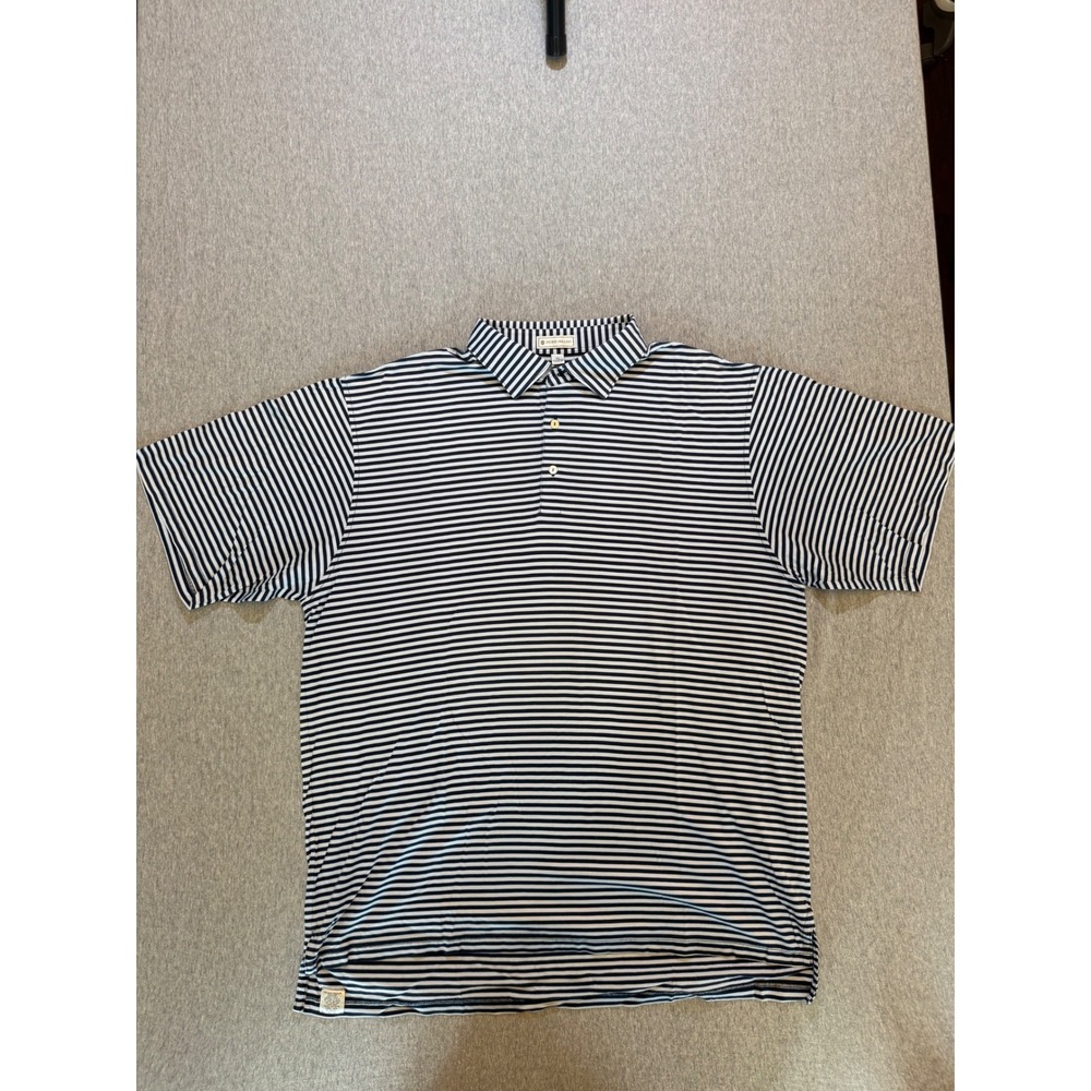 Peter Millar Mens XL Polo Shirt Navy Blue White Striped Cotton Palm Tree 1911